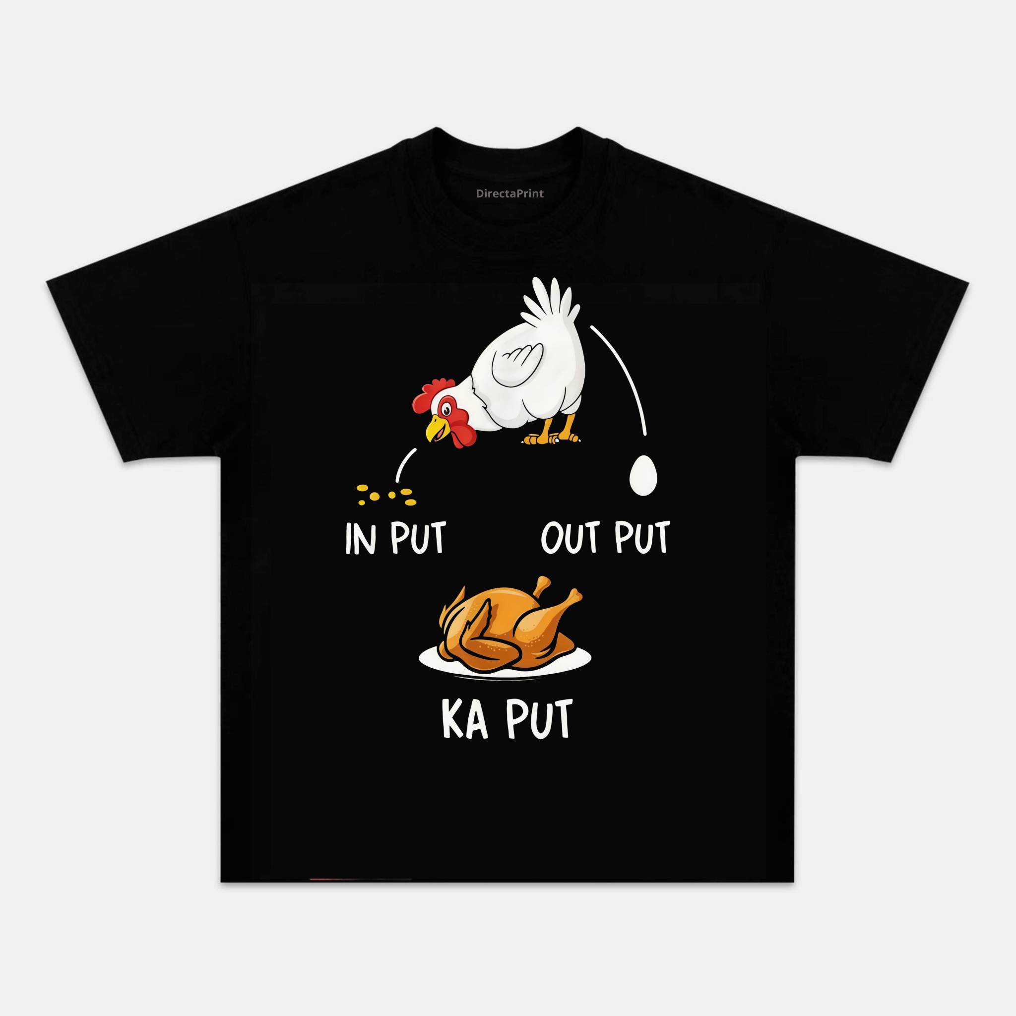 Camiseta Divertida Gallina Input Output – Humor de Cocina con Pollo Asado, Manga Corta Unisex Negra