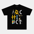 Camiseta Unisex Arquitecto Creativo – Diseño Tipográfico con Herramientas de Arquitectura, Manga Corta, Cuello Redondo, Negra