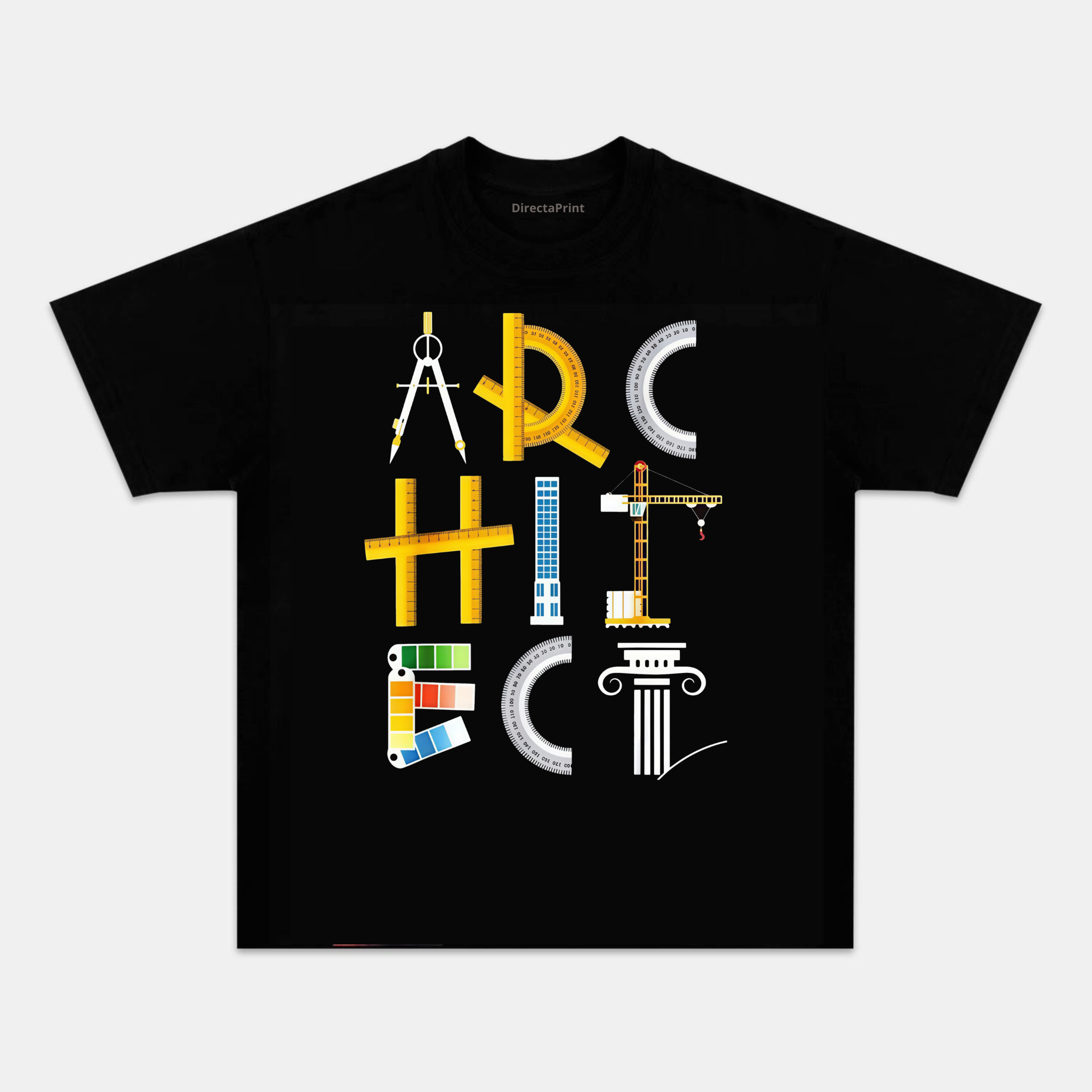 Camiseta Unisex Arquitecto Creativo – Diseño Tipográfico con Herramientas de Arquitectura, Manga Corta, Cuello Redondo, Negra