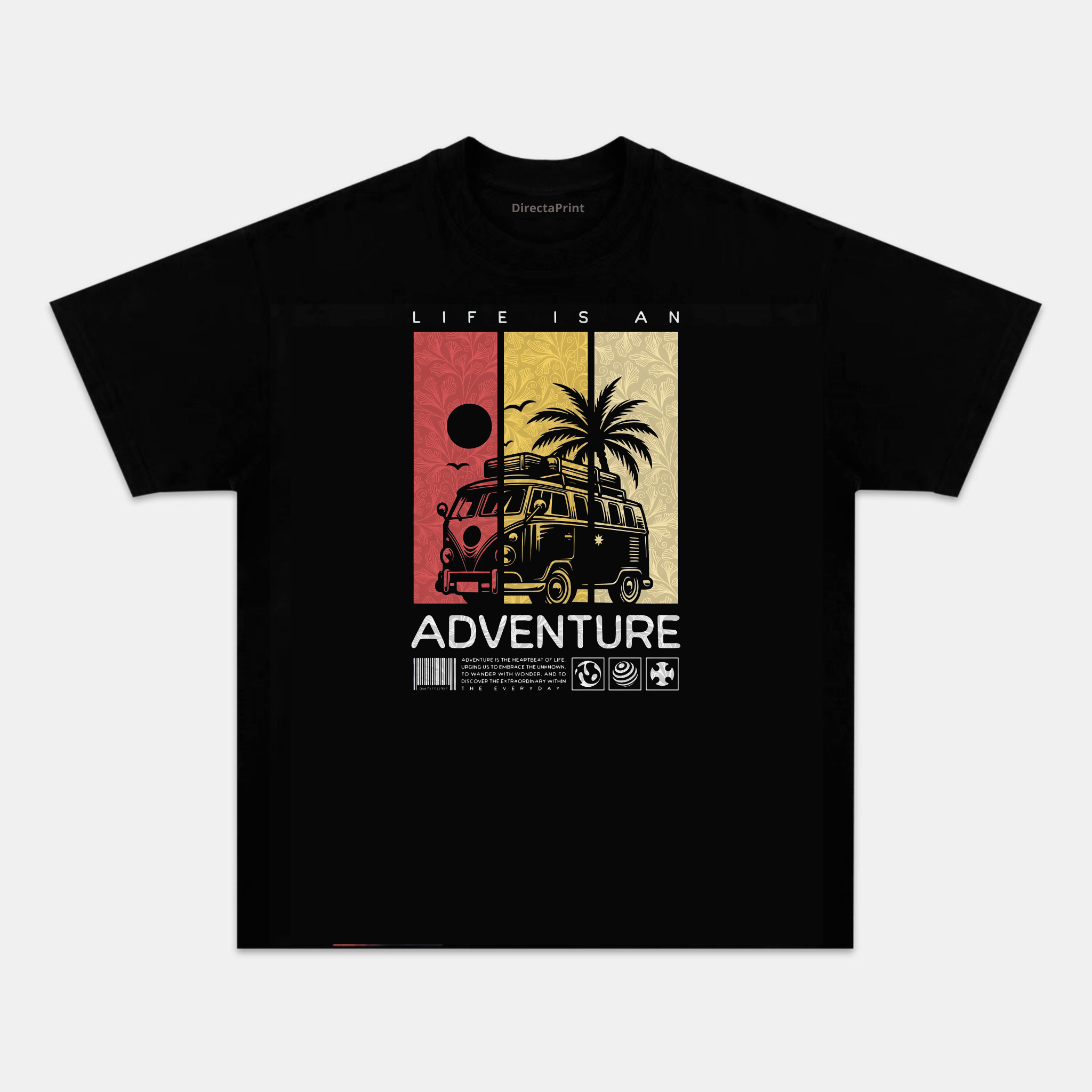 Camiseta Unisex “La Vida es una Aventura” – Diseño Van Camper Retro con Palmera, Manga Corta, Cuello Redondo, Negra