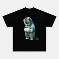 Camiseta Unisex Gato Gordito Divertido – Diseño Humorístico de Gato con Camiseta, Manga Corta, Cuello Redondo, Negra