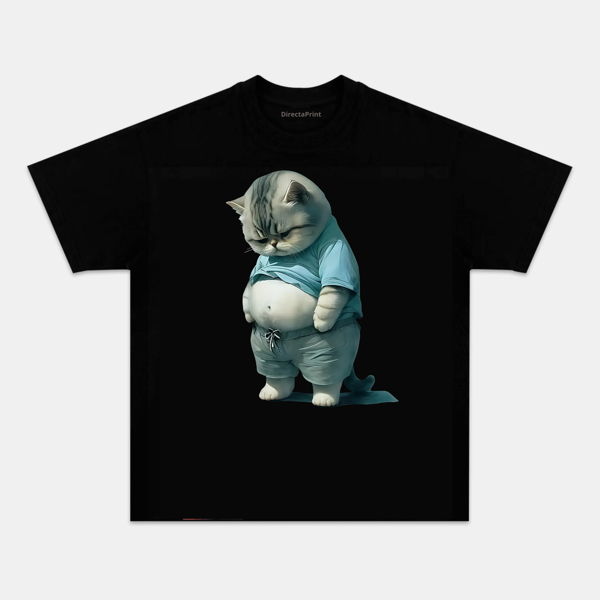 Camiseta Unisex Gato Gordito Divertido – Diseño Humorístico de Gato con Camiseta, Manga Corta, Cuello Redondo, Negra