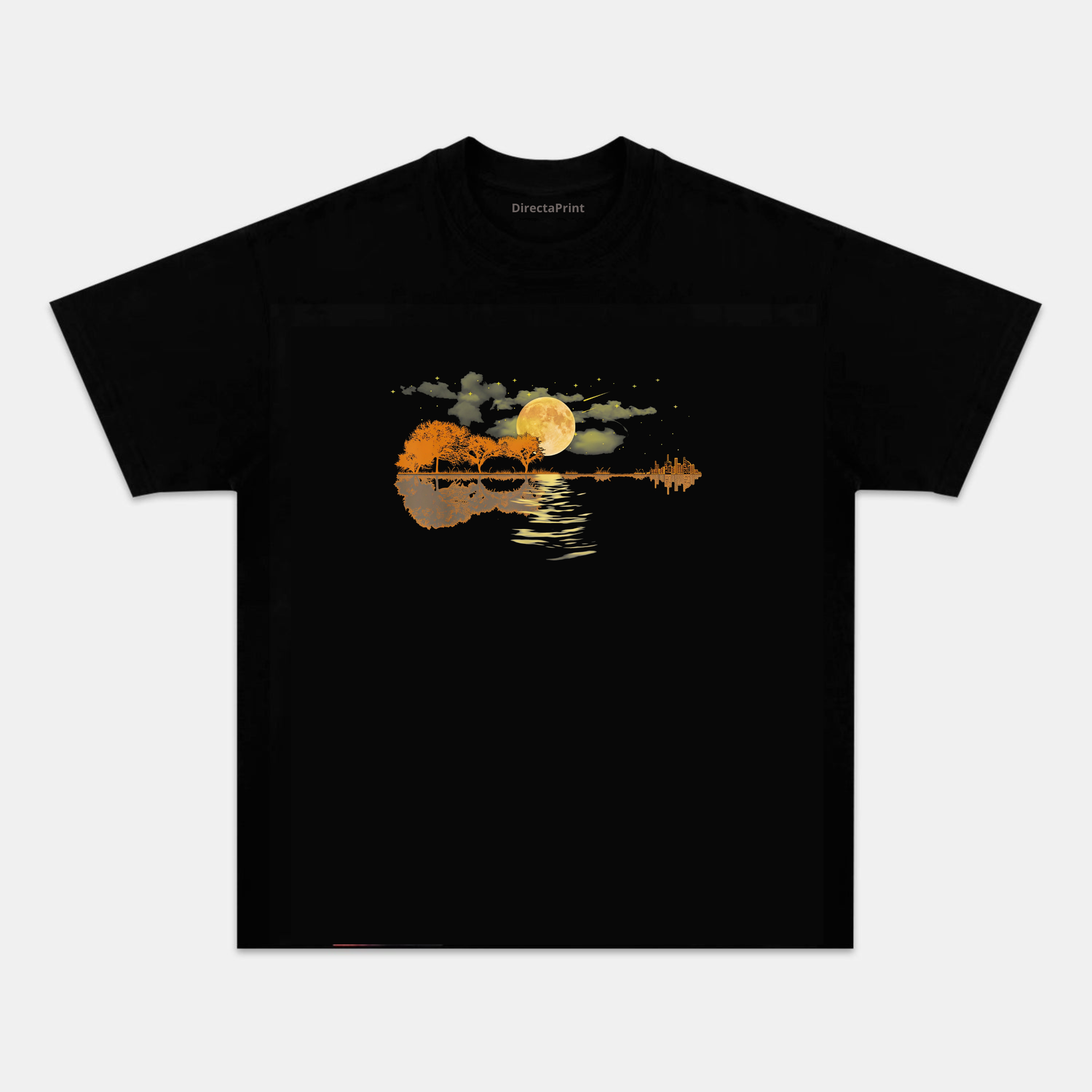 Camiseta Unisex Paisaje Nocturno con Luna – Diseño Artístico de Lago y Reflejo, Manga Corta, Cuello Redondo, Negra