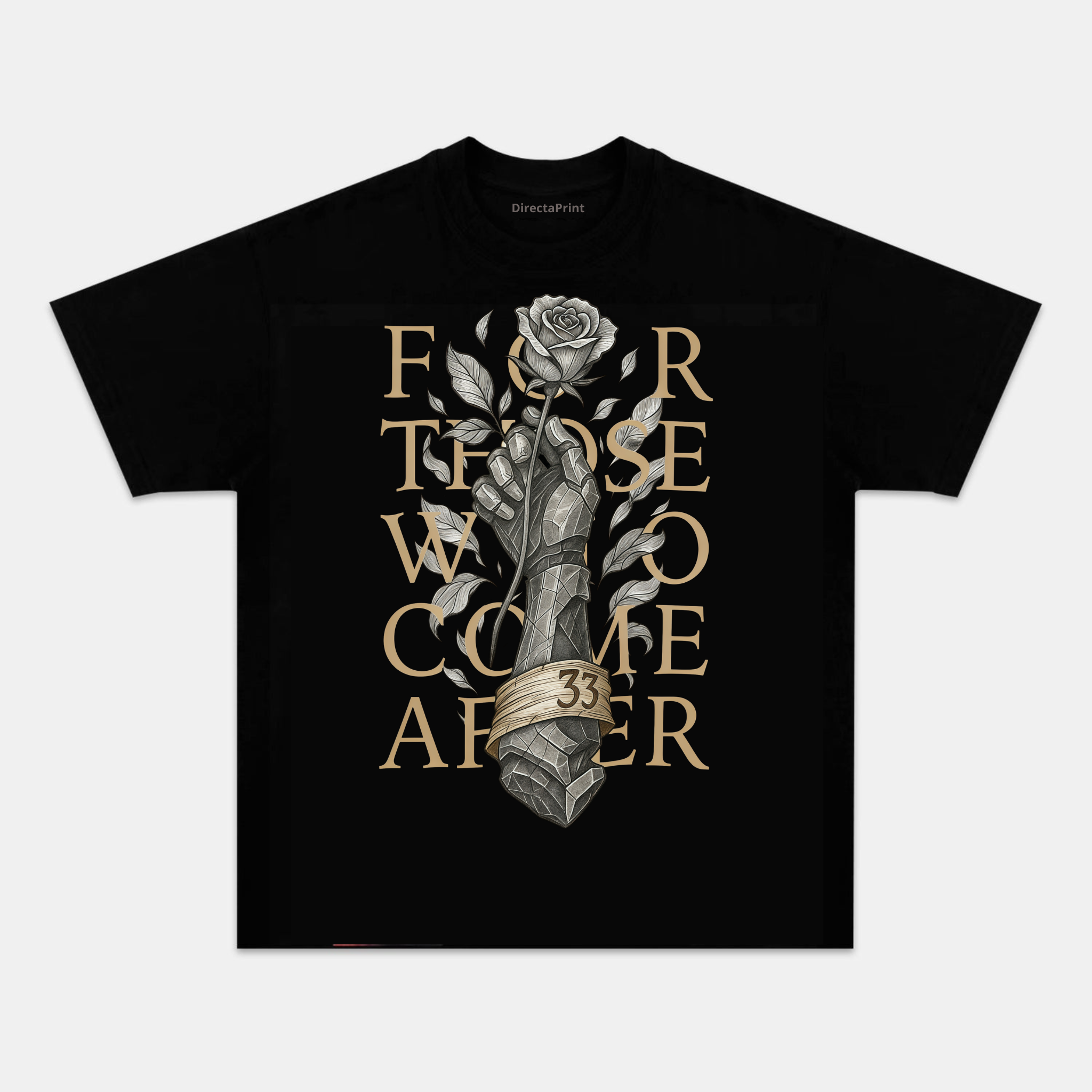 Camiseta Unisex Gótica “Para los que Vienen Después” – Mano de Piedra con Rosa, Estilo Dark Vintage, Manga Corta, Negra