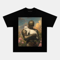 Camiseta Unisex Caballero y Gato – Diseño Arte Fantasía Medieval con Estilo Pintura Clásica, Manga Corta, Cuello Redondo, Negra