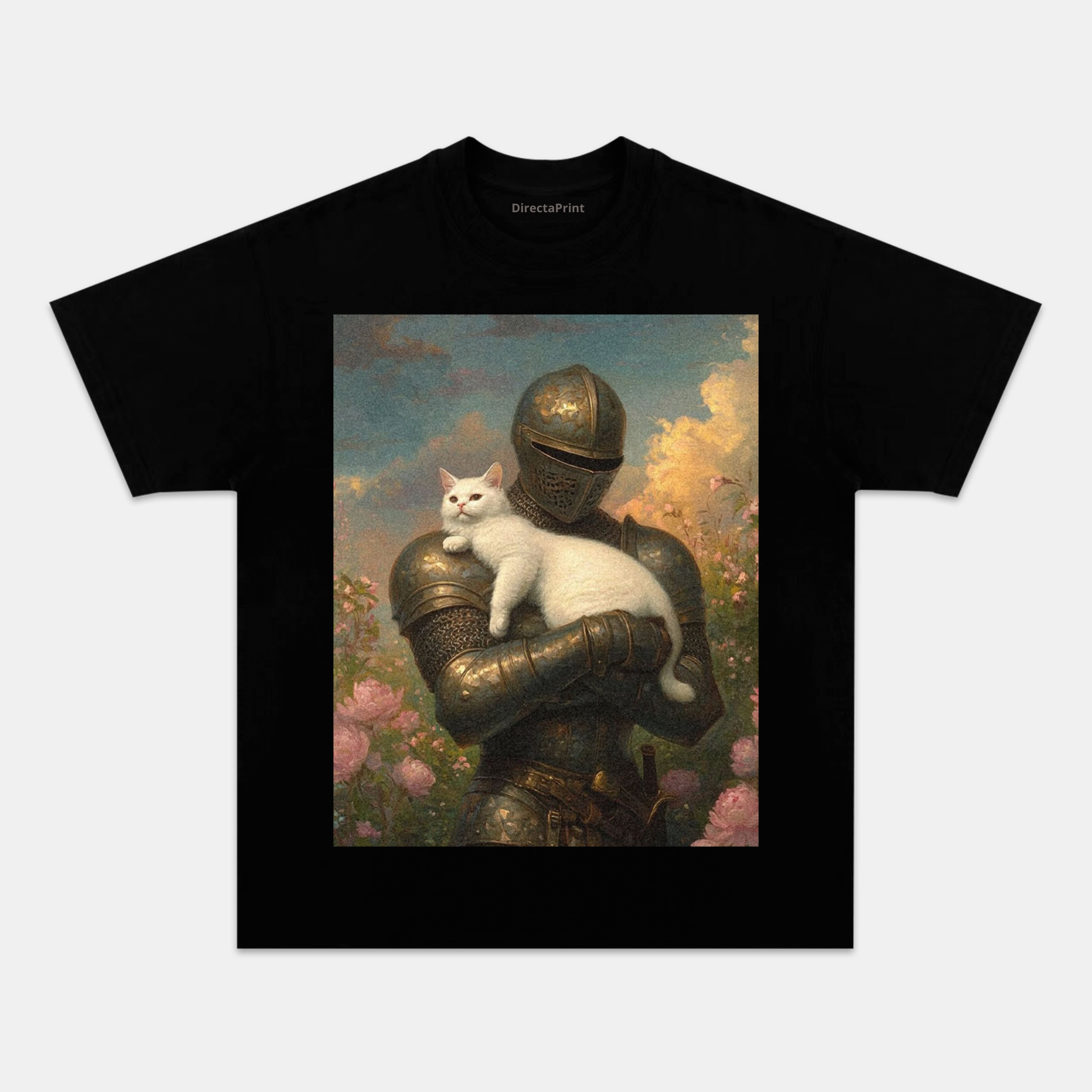 Camiseta Unisex Caballero y Gato – Diseño Arte Fantasía Medieval con Estilo Pintura Clásica, Manga Corta, Cuello Redondo, Negra