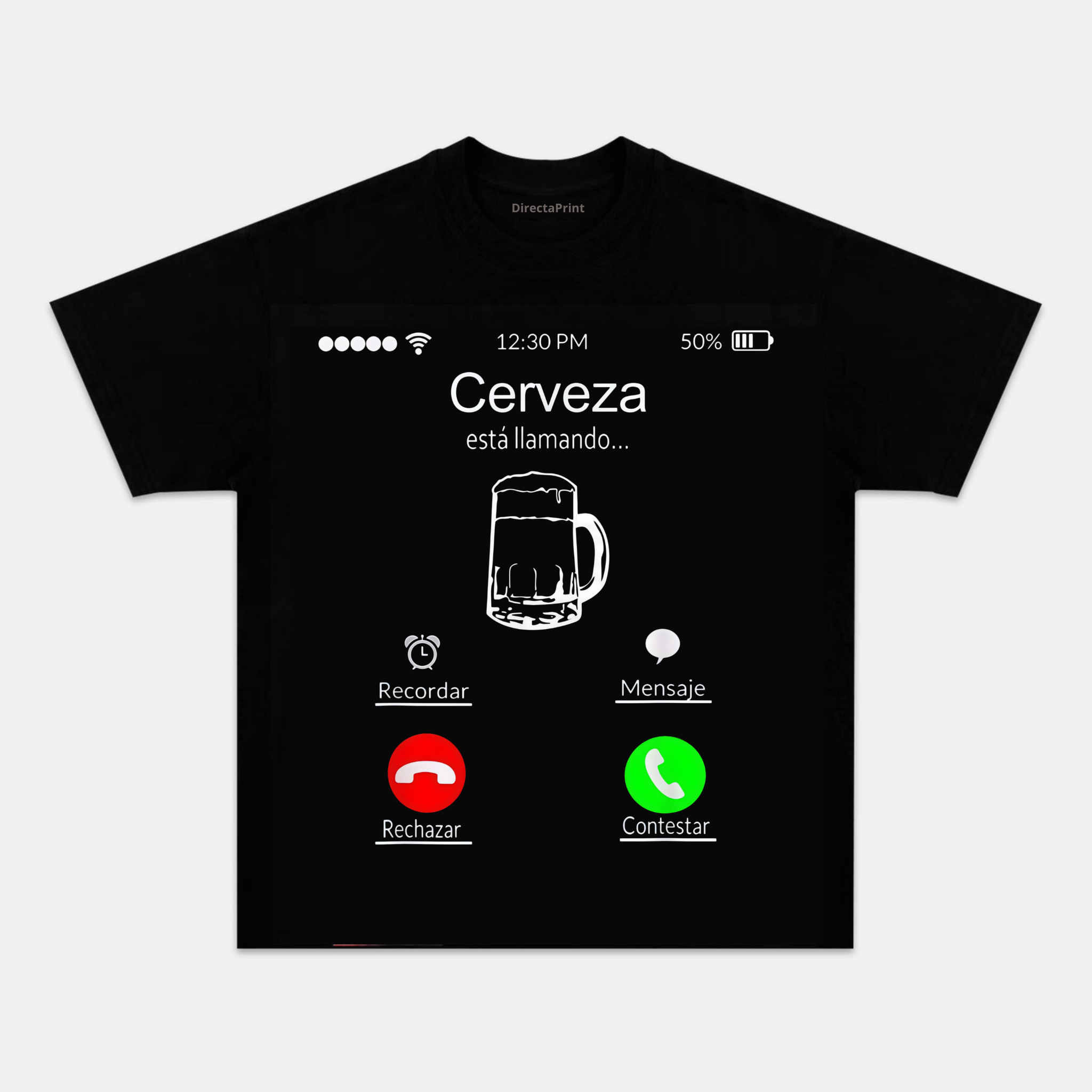Camiseta Divertida “Cerveza Está Llamando” – Diseño Pantalla de Llamada de Móvil, Manga Corta Unisex Negra