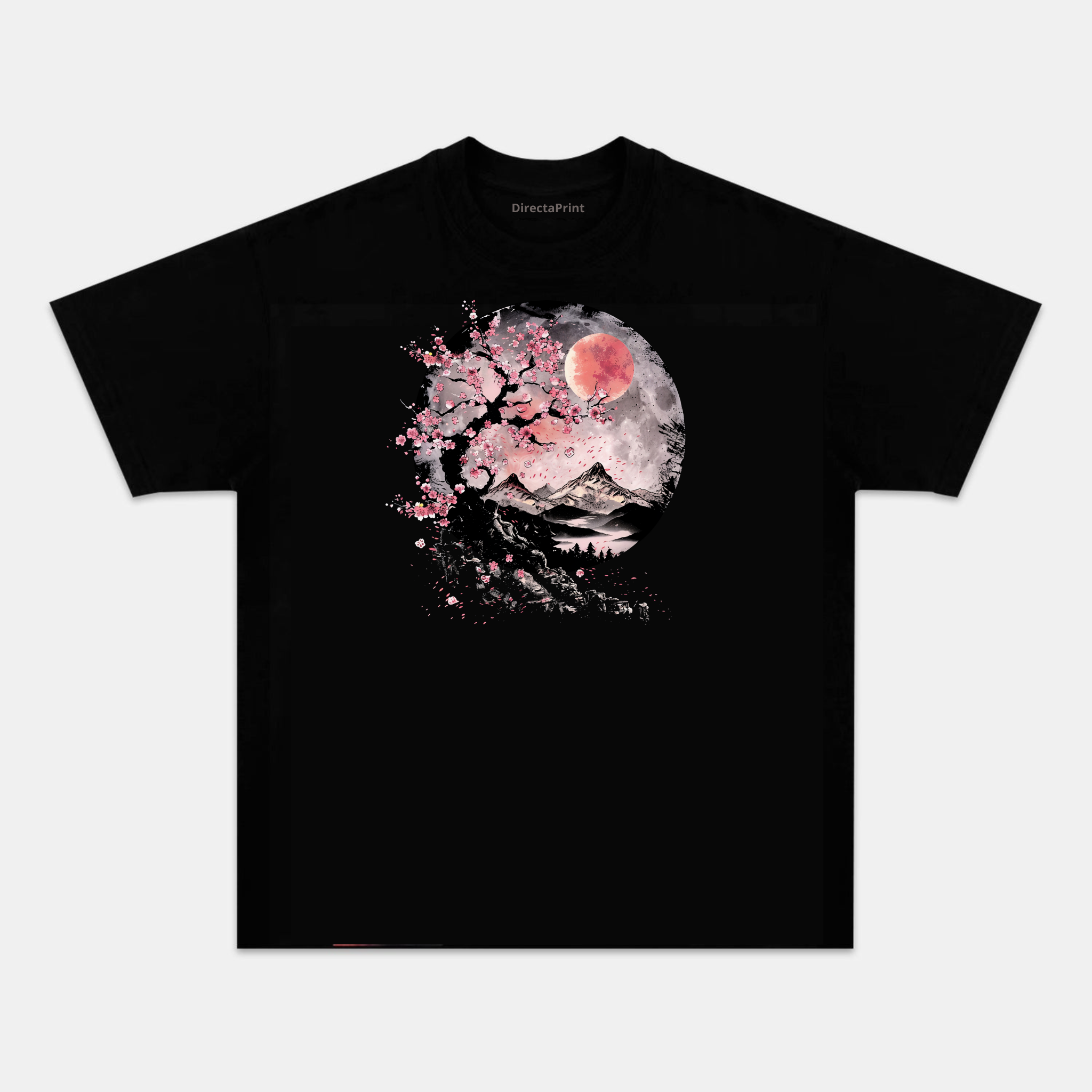 Camiseta Unisex Luna Roja y Sakura – Diseño Paisaje Japonés con Flores de Cerezo, Manga Corta, Cuello Redondo, Negra