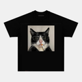 Camiseta Unisex Gato Cool con Gafas – Diseño Divertido de Gato Rebelde, Manga Corta, Cuello Redondo, Negra