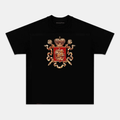 Camiseta Unisex Escudo Real Dorado – Diseño Heráldico con Corona y Leones, Manga Corta, Cuello Redondo, Negra