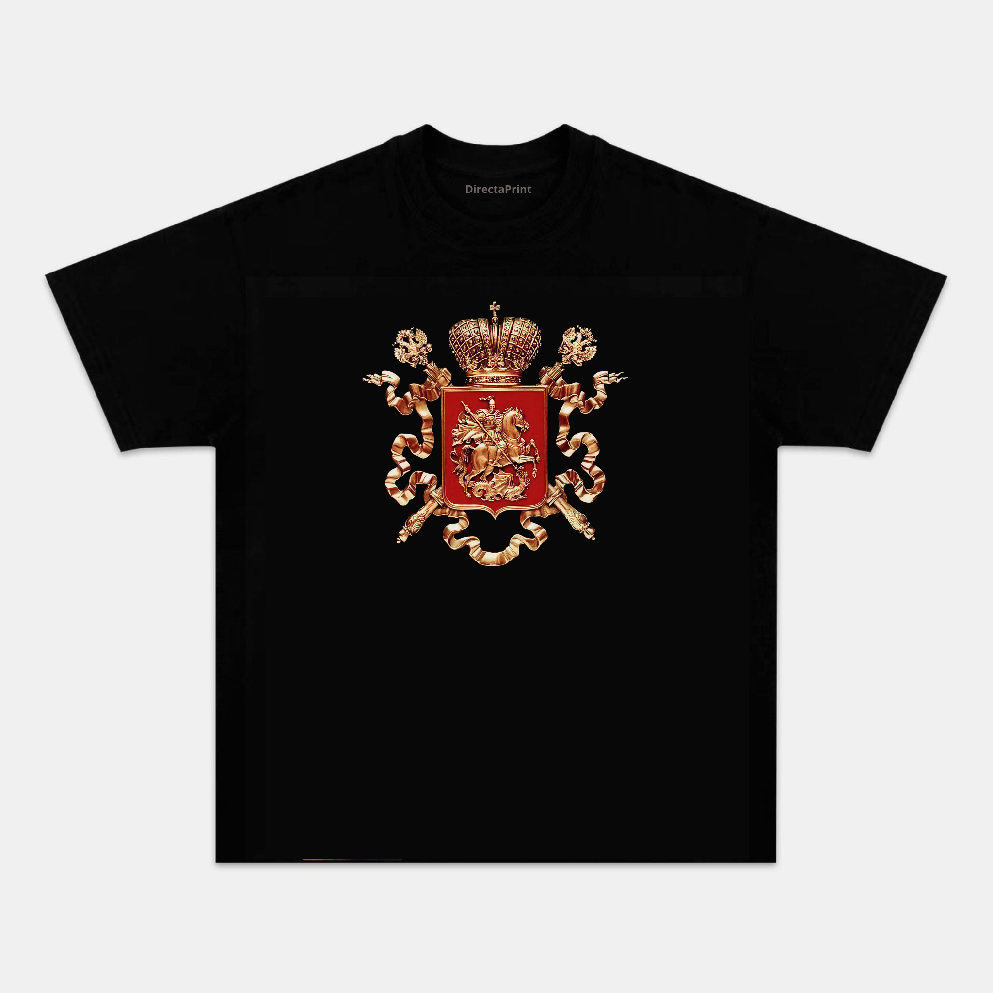 Camiseta Unisex Escudo Real Dorado – Diseño Heráldico con Corona y Leones, Manga Corta, Cuello Redondo, Negra