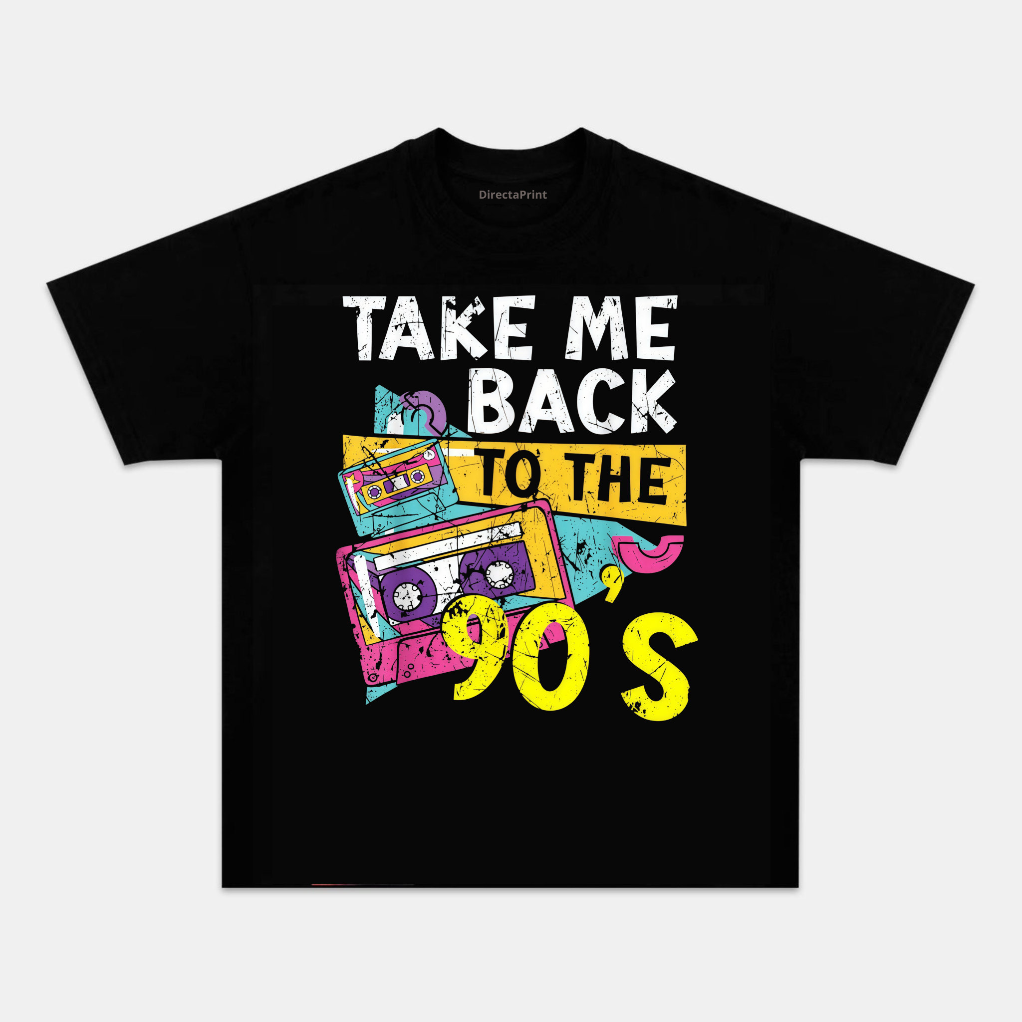 Camiseta Unisex Retro “Llévame de Vuelta a los 90” – Diseño Cassette Vintage Años 90, Manga Corta, Cuello Redondo, Negra