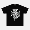 Camiseta Unisex Manos Esqueléticas en Oración – Diseño Dark Metal con Cruz de Hierro, Manga Corta, Cuello Redondo, Negra