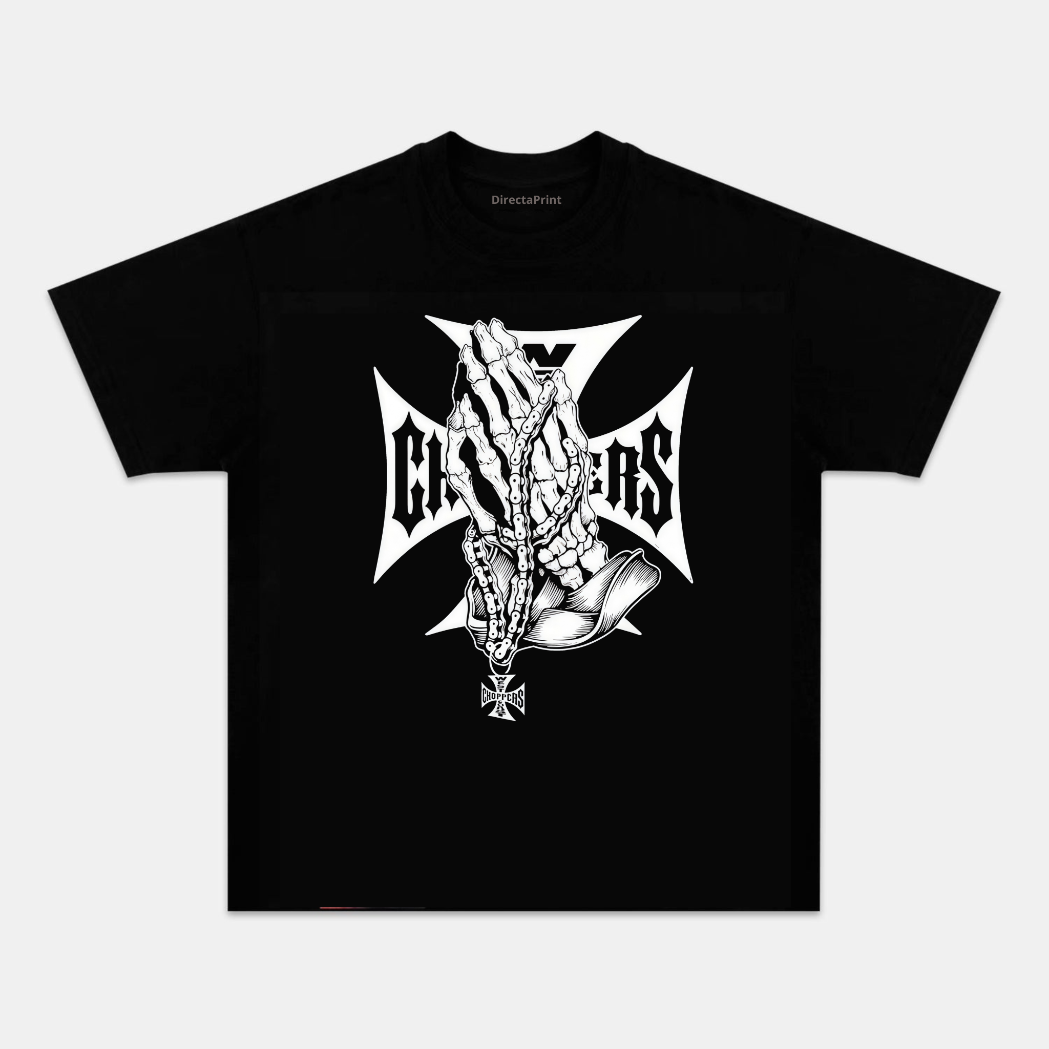 Camiseta Unisex Manos Esqueléticas en Oración – Diseño Dark Metal con Cruz de Hierro, Manga Corta, Cuello Redondo, Negra