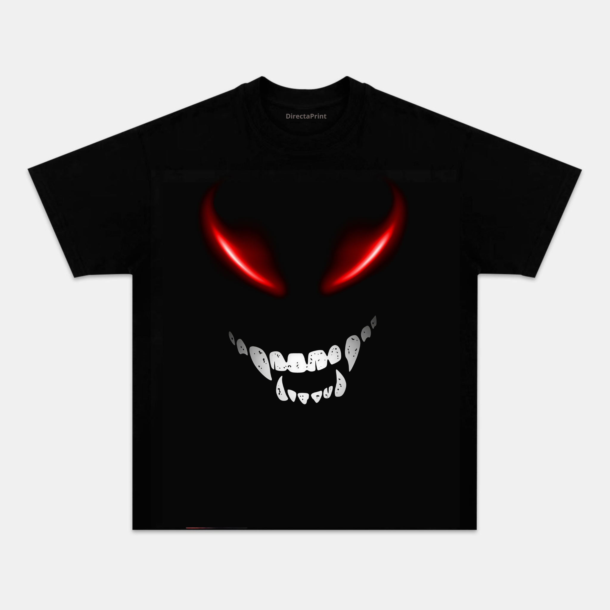 Camiseta Unisex Cara Demoníaca – Diseño Oscuro con Ojos Rojos Brillantes, Manga Corta, Cuello Redondo, Negra