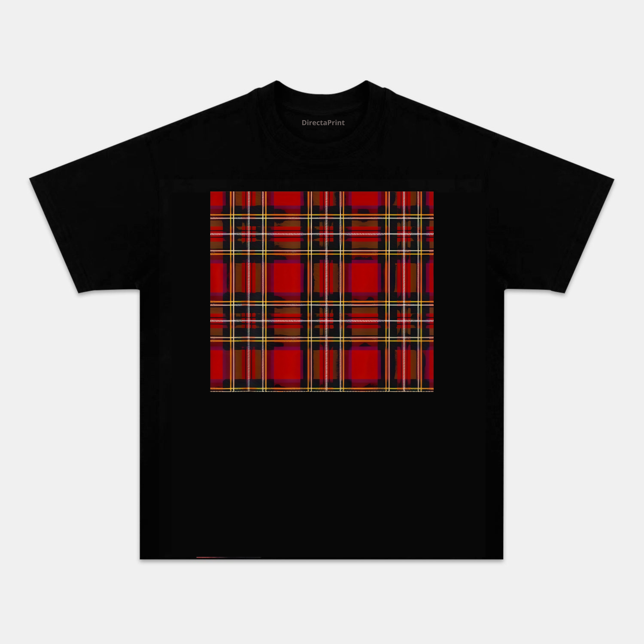 Camiseta Unisex Patrón Tartán Escocés – Diseño Cuadros Rojos Clásico, Manga Corta, Cuello Redondo, Negra