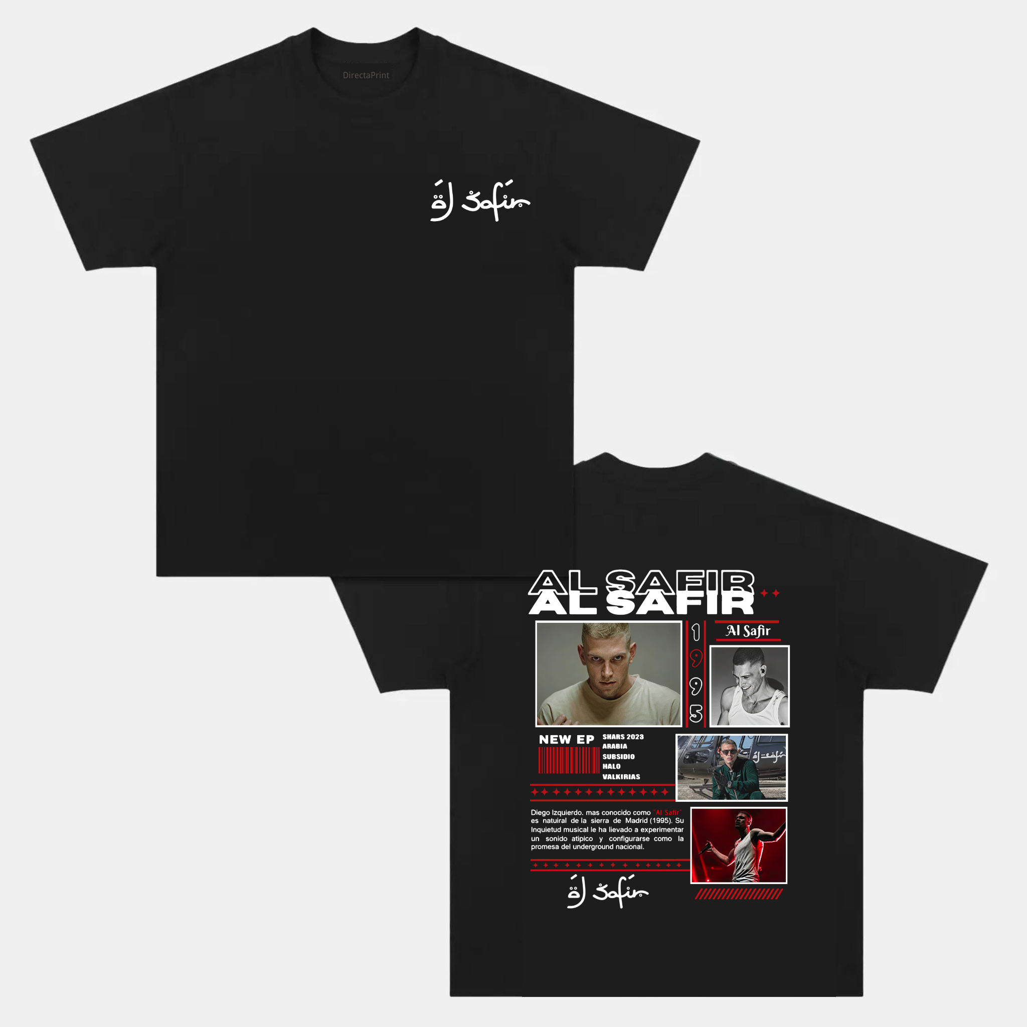 Camiseta Unisex Streetwear Musical Al Safir – Diseño Estilo Tour con Estampado Frontal y Trasero, Manga Corta Negra