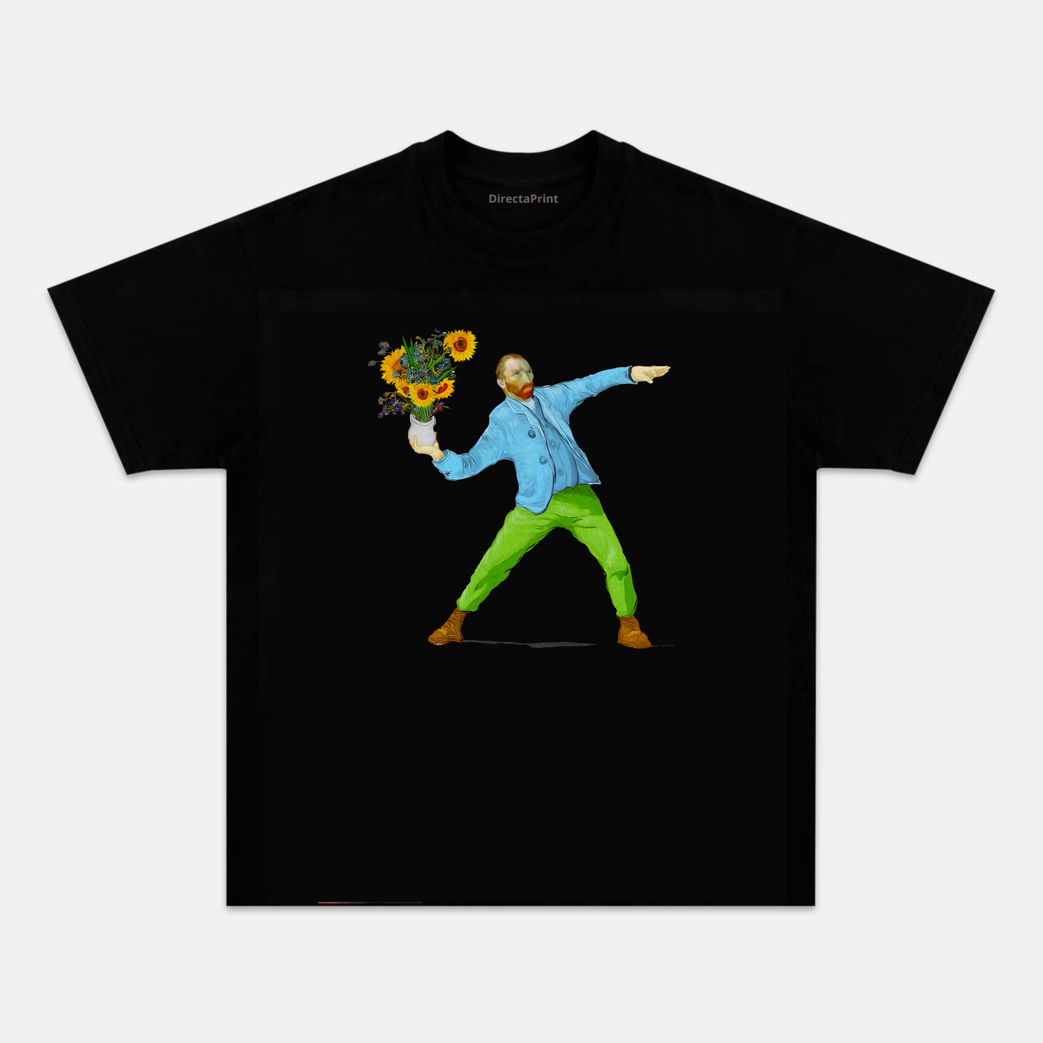 Camiseta Unisex Arte Clásico Divertido – Pintor con Girasoles Estilo Pintura Artística, Manga Corta, Cuello Redondo, Negra