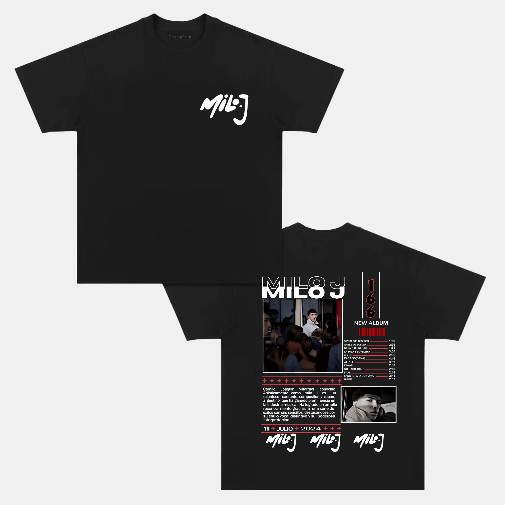 Camiseta Unisex Estilo Tour Musical MiloJ – Diseño Gráfico Concierto con Estampado Frontal y Trasero, Manga Corta Negra