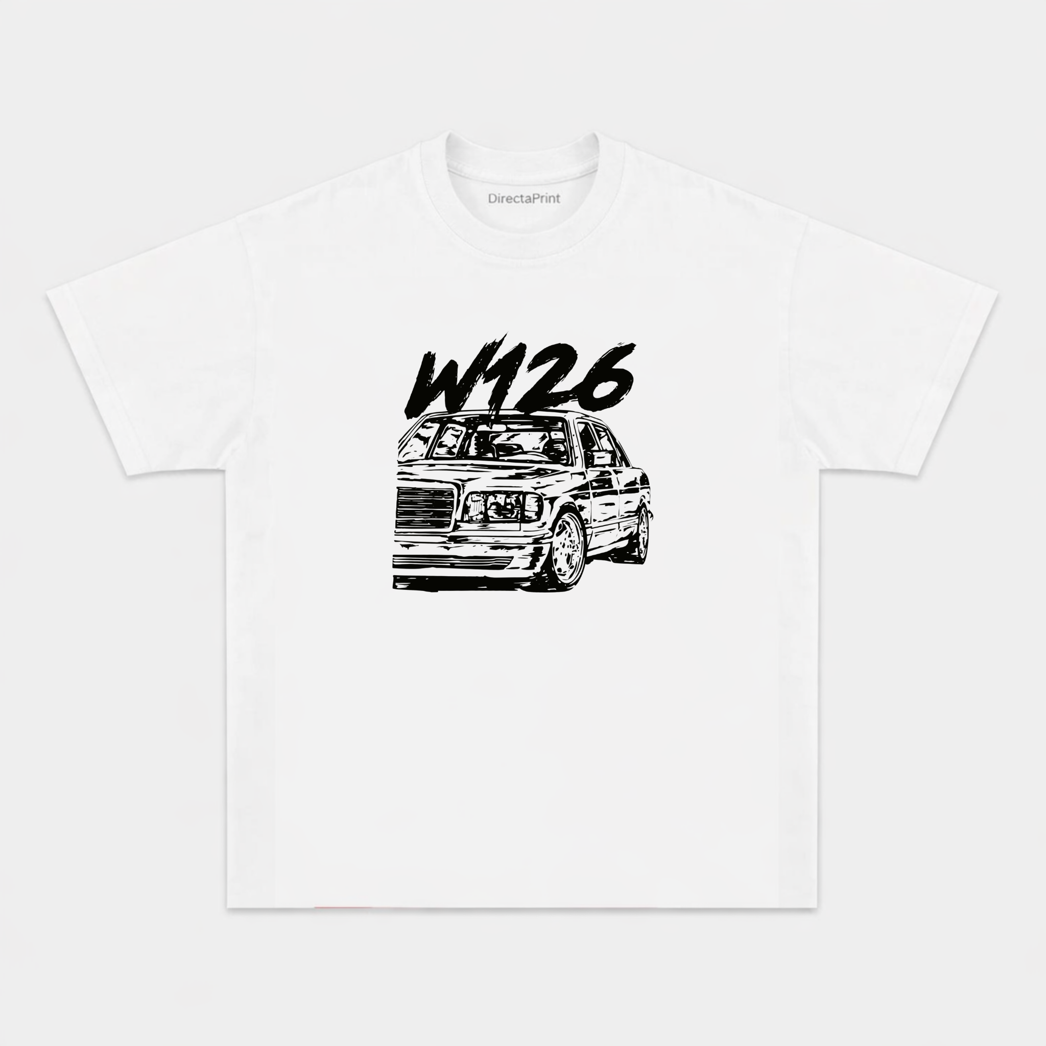 Camiseta Unisex Mercedes W126 Clásico – Diseño Automotriz Retro para Amantes de los Autos, Manga Corta, Cuello Redondo, Blanca
