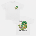 Camiseta Unisex Casa Blanca Tropical – Diseño Vacacional con Palmera, Estampado Frontal y Trasero, Manga Corta Blanca