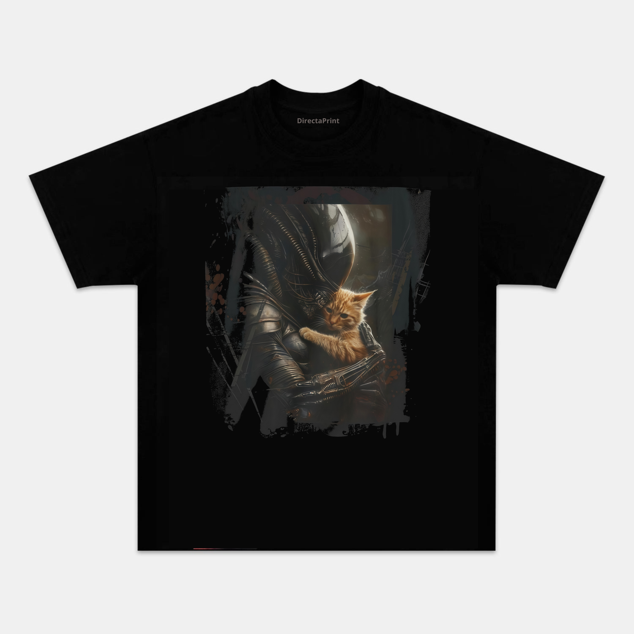 Camiseta Unisex Gato y Criatura Espacial – Diseño Sci-Fi Oscuro con Estilo Cinematográfico, Manga Corta, Cuello Redondo, Negra