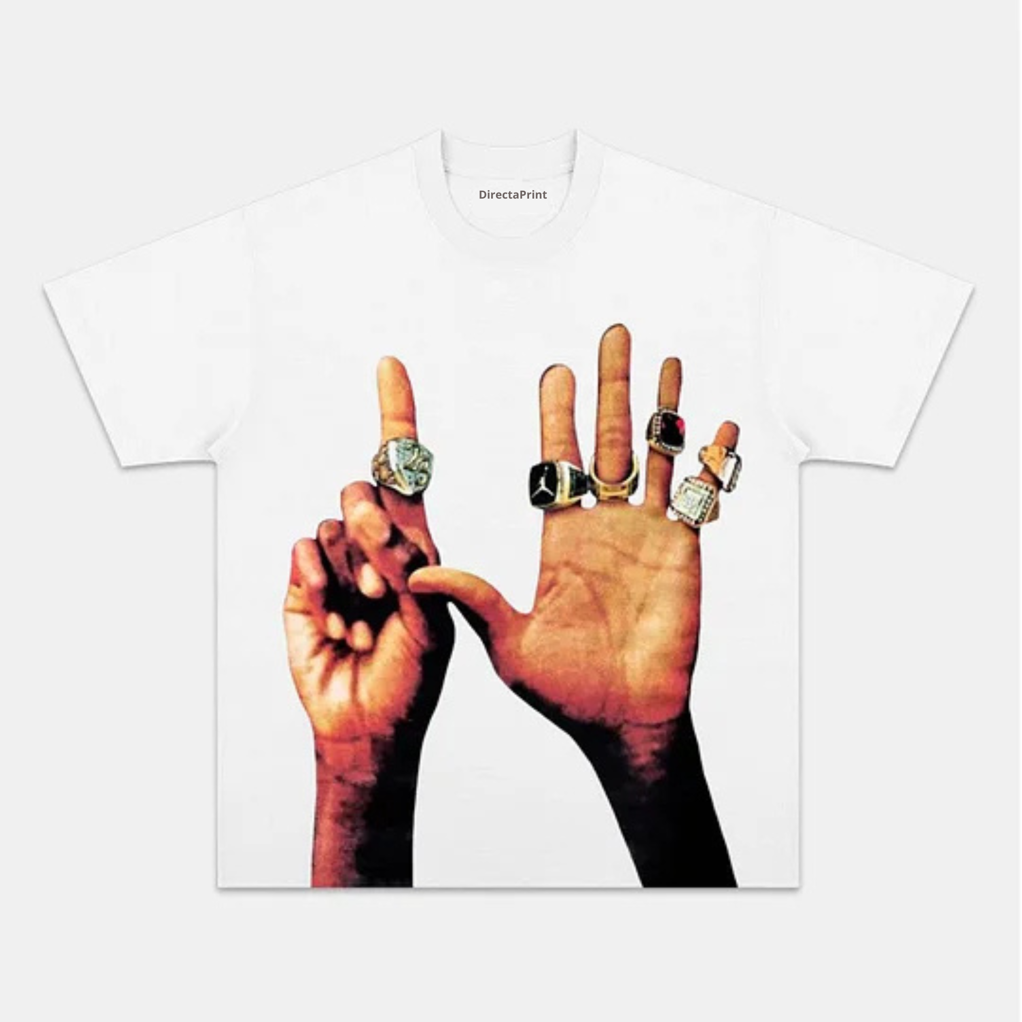 Camiseta Unisex Manos con Anillos “6” – Diseño Estilo Hip-Hop y Cultura Urbana, Manga Corta