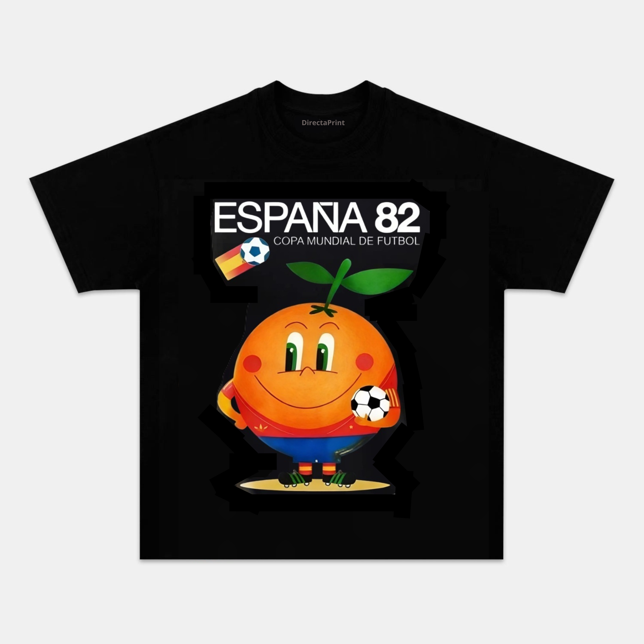 Camiseta Unisex Mascota Naranjito Fútbol Retro – Diseño Inspirado en España 82, Manga Corta Negra